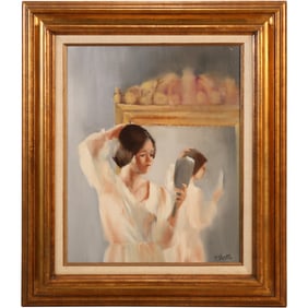 Signed M Weston, Oil on Canvas Painting, Vanity Girl Looking in a Hand Mirror