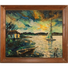 Signed Lawrence, Quality Oil on Canvas Painting Sunset on The Lake with Boats