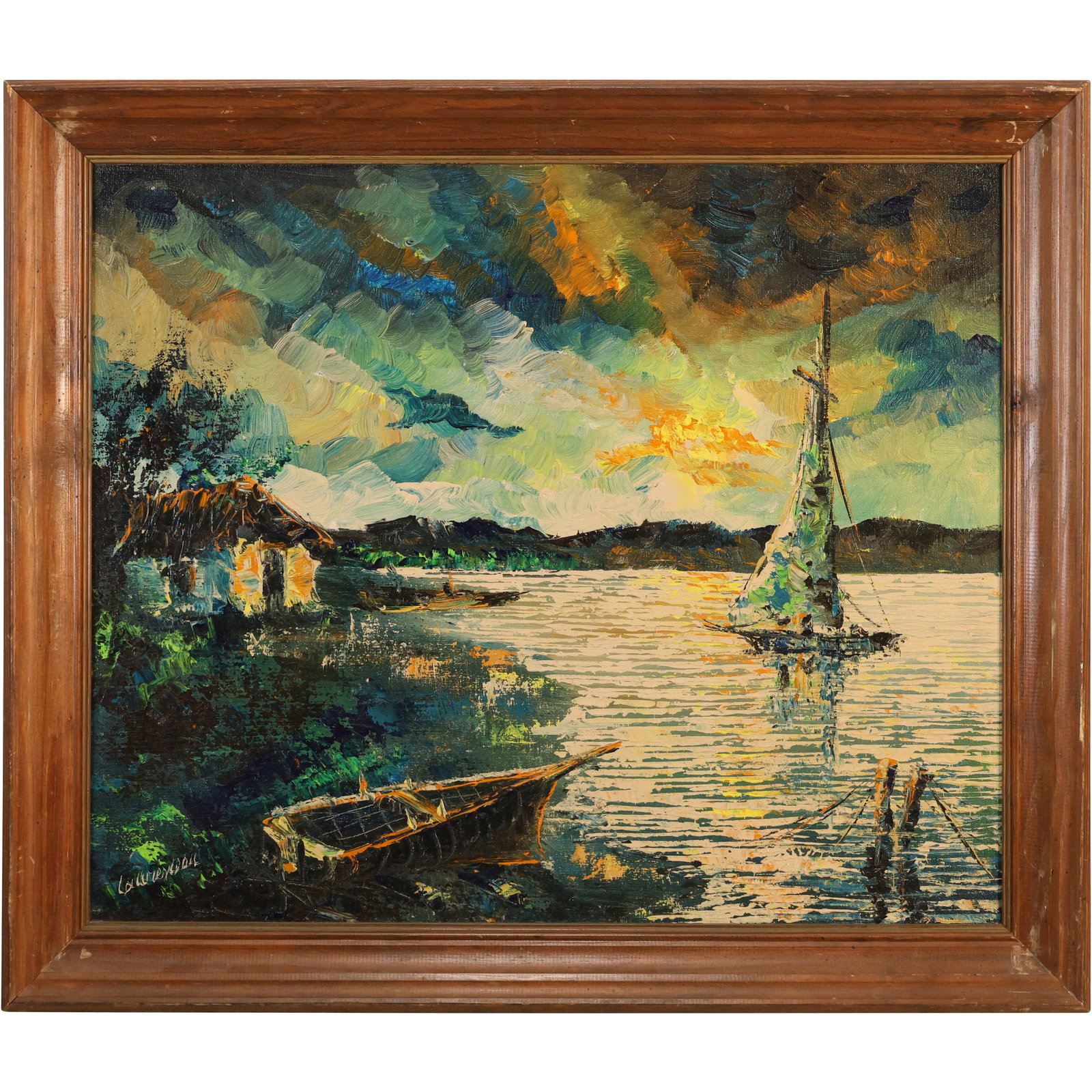 Signed Lawrence, Quality Oil on Canvas Painting Sunset on The Lake with Boats (1 of 19)