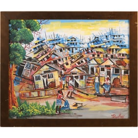 Artist Signed Haitian Village Scene with Leaning and Toppled Hpuses