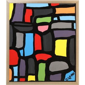 Thomas Pulgini, American, Oil on Board Painting Colorful Abstract Shapes in Composition