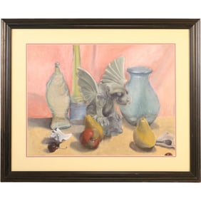 Vintage Framed Watercolor Painting Still Life with Gargoyle, Fruits, Bottle, Vase