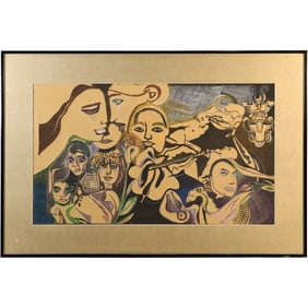 Vintage Lithograph faces and figures, some appearing to be in motion or interacting with objects