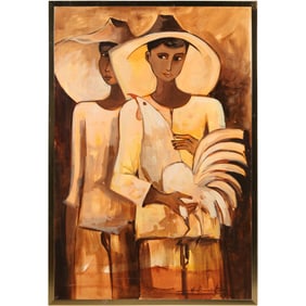 Artist Signed Oil on Canvas Painting Two Women, One Holding a White Rooster, Framed