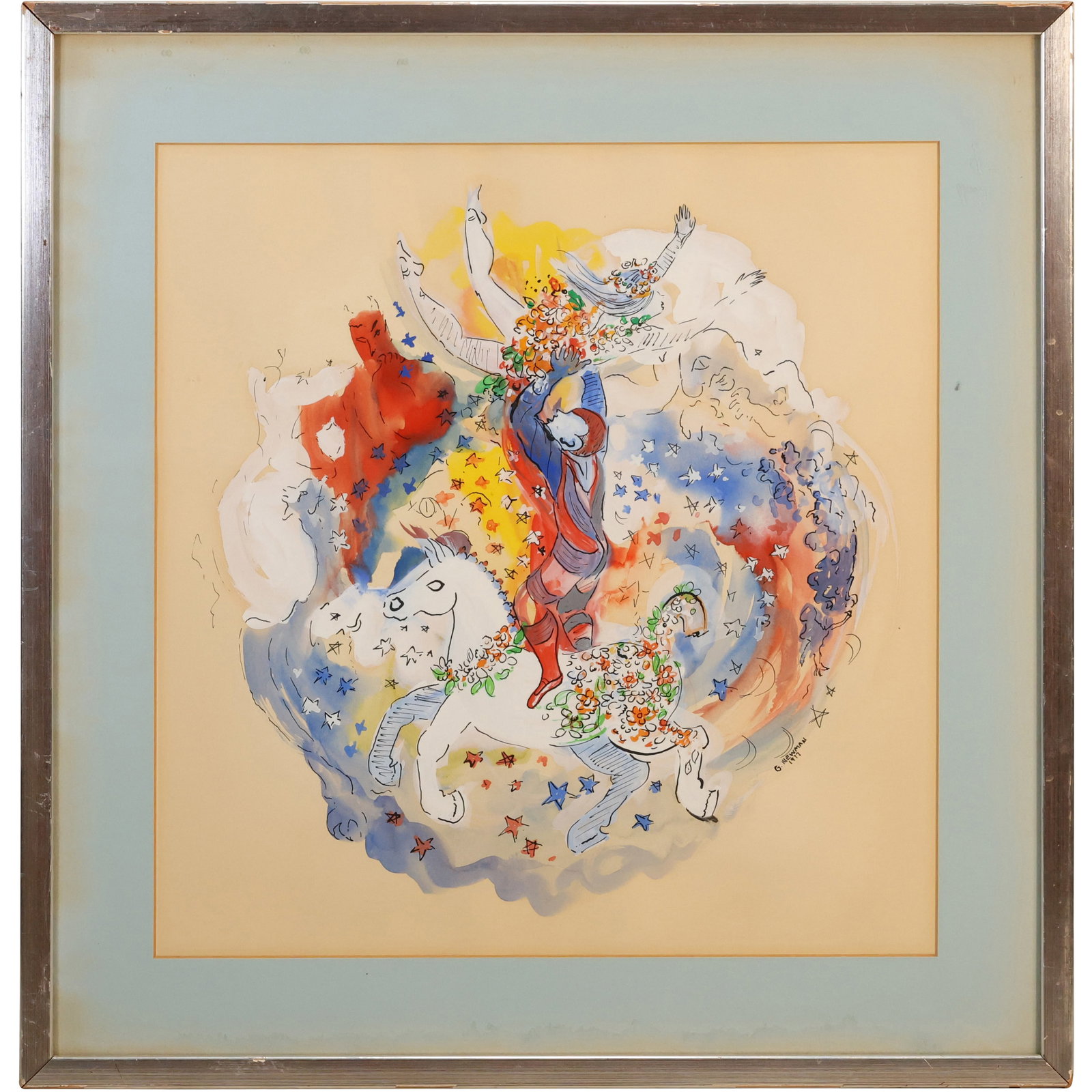 "Paris Opera Ceiling" after Marc Chagall Mixed Media Painting Signed G. Newman 1977 (1 of 20)