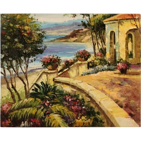 Coastal Italian Villa with Walkway Oil on Canvas Painting 20 in. x 24 in.