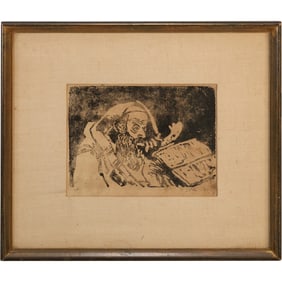 Vintage Framed Woodblock of a Rabbi Reading Scripture, Signed and Dated 1961
