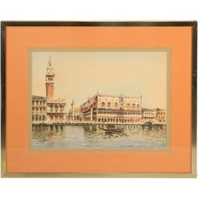 Artist Signed Watercolor Painting of Venice, Italy, featuring prominent landmarks along the Grand C