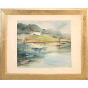 Margery Kathleen Pyle (Born 1903) Delaware, Watercolor Painting, Lake Scene with Boats
