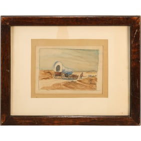 Vintage Watercolor Painting Conestoga Wagon Traveling the West Signed Monogram "JM"