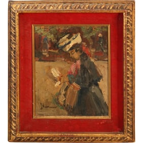 Fine Quality Vintage Impressionist Oil Painting of a Woman Waling, Artist Signed Illegible