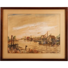 Rodney Skidmore (1933 - 2016) American; Watercolor Painting Fishing Boat at Fishing Shacks, 1950