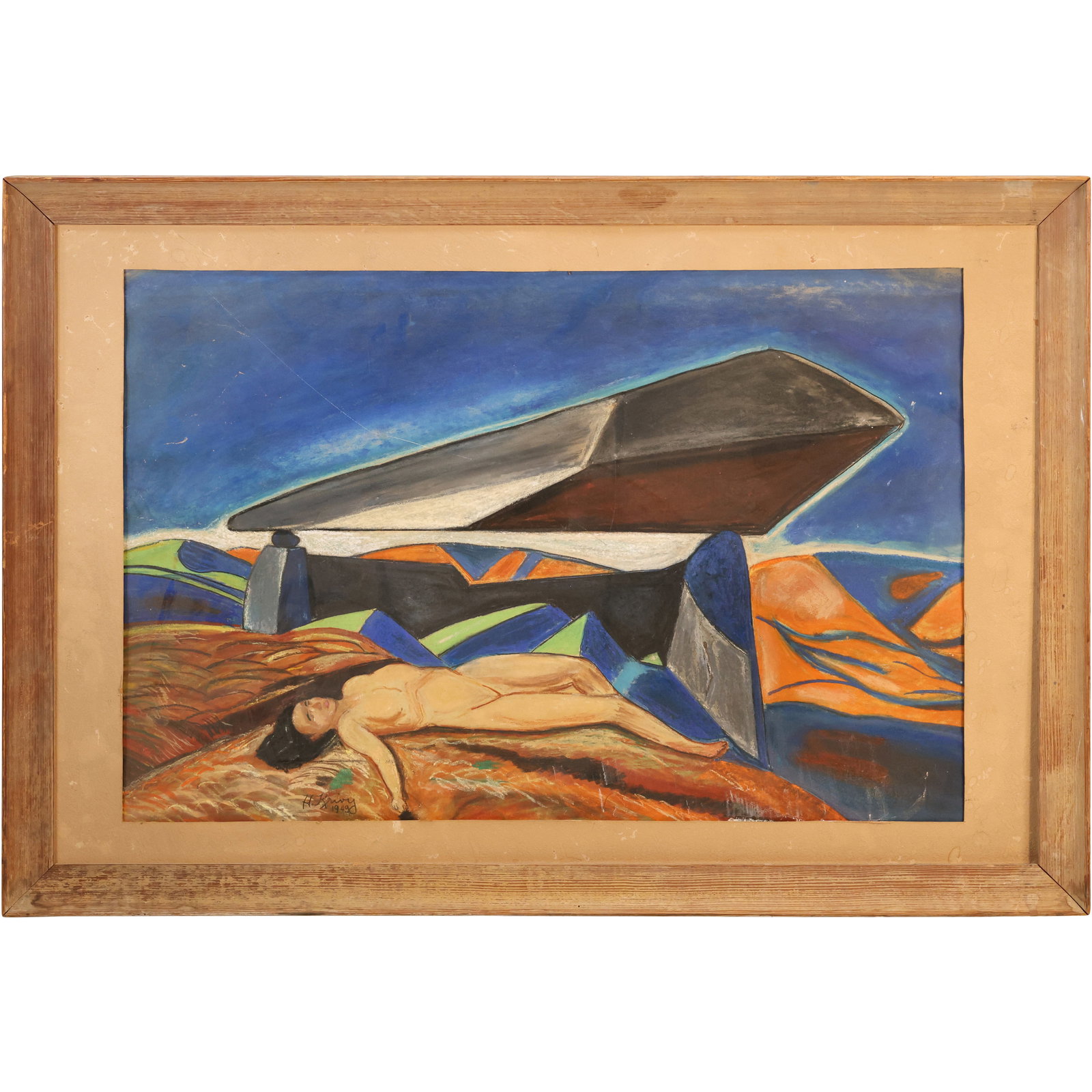 Signed H Krivy 1949, Oil on Board Painting Reclining Nude on Rock Formation, Framed: Signed H Krivy 1949, Oil on Board Painting Reclining Nude on Rock Formation, Framed. size: 29 x 19 frame: 33 x 23