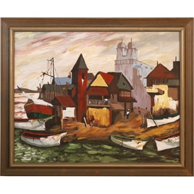 Artist Signed Oil on Canvs Painting "Fisherman's Village" , Framed