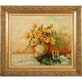 Signed A Rene, Vintage Oil on Canvas Painting Still Life Flowers in Vase, Apple