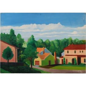 Quality 20th C. Landscape with Homes, Artist Signed an Dated '90 Oil on Canvas Painting
