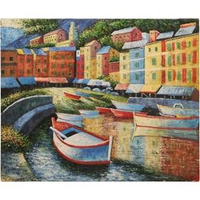W Harris, Modernism Venetian Boats in Canal, Giclee Art on Canvas