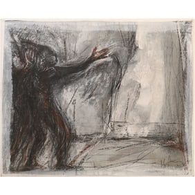 Unique Mixed Media Painting Signed HM?? Dark Standing Figure in a Room