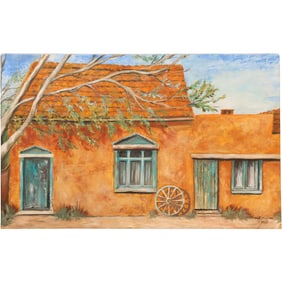 Artist Signed, Western American Adobe House Oil on Canvas Painting