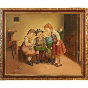 Signed A Rose, Vintage Chromolithograph Children Looking at Bird Cage, Framed