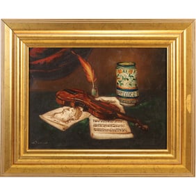 Artist Signed Quality Still LIfe Oil Painting Violin, Music, Vase, Inkwell with Quill Pen