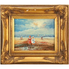 Sergio Cremona, Fine 20th C. Oil on Wood Panel Painting Sisters Walking the Beach, COA on Verso