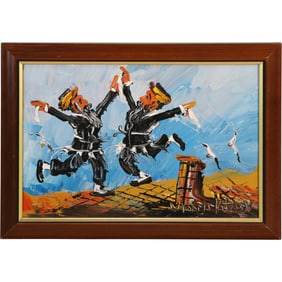 Morris Katz 1996, Jewish American, Acrylic Painting 2 Hasidic Men Dancing on Roof Top