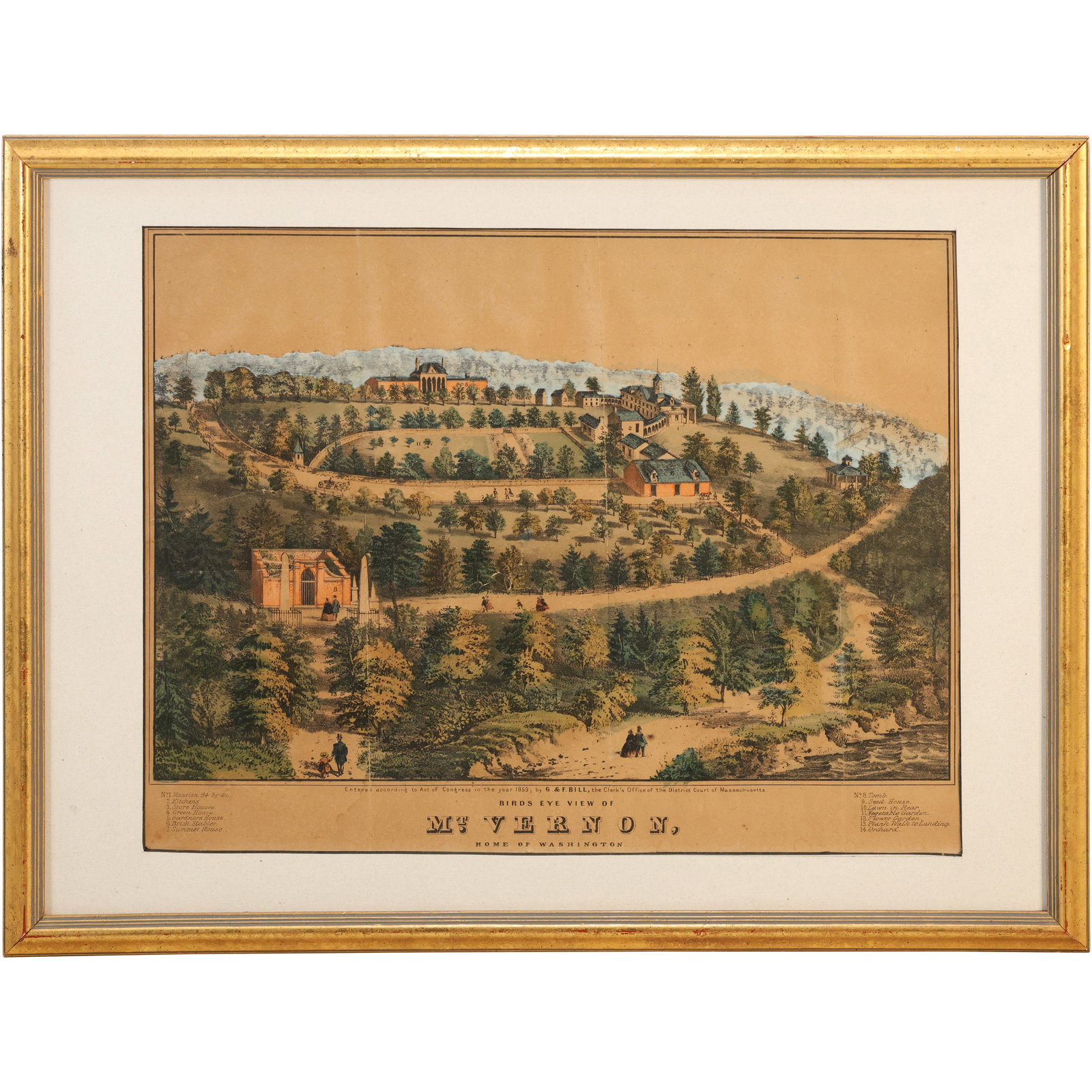hand-colored lithograph titled "Bird's Eye View of Mt. Vernon, The Home of Washington," published in (1 of 16)