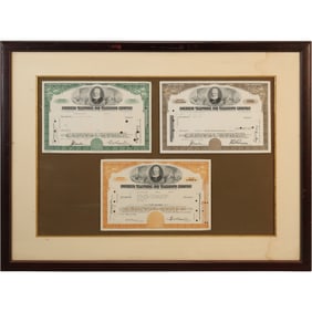 Framed 3 "A T & T Company" Stock Certificates 1950s, 1960s