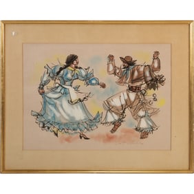 Argentine Folk Dance Watercolor Painting, Framed, Dated 1920