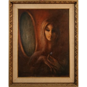 Signed Duranti, "Quarant Anni", Oil on Board Painting Portrait of a Young Woman next to a Mirror