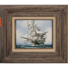 Tall sailing ship, clipper, navigating the open ocean with billowing white sails, Signed under frame