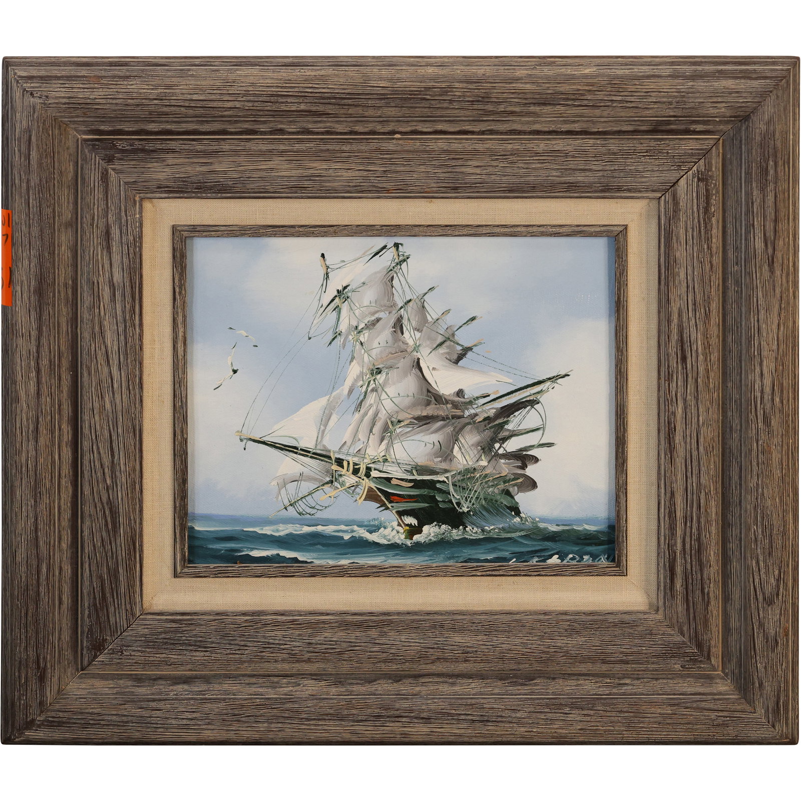 Tall sailing ship, clipper, navigating the open ocean with billowing white sails, Signed under frame: Tall sailing ship, clipper, navigating the open ocean with billowing white sails, Signed under frame. Oil on Canvas Painting, Framed. size: 9.5 x 11.5 outside frame 15 x 17.5