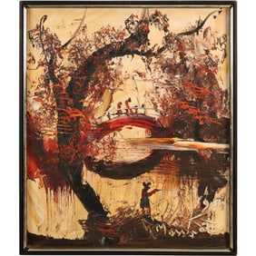 Morris Katz 1980, Jewish American, Acrylic Painting Walk Bridge in The Catskills with Figures