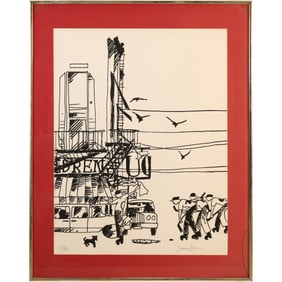 Black Lithiograph by American artist James Groody (born 1940).  The drawing depicts a busy New York