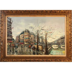 Large Quality Vintage Oil on Canvas Painting Parisian Street Scene Framed