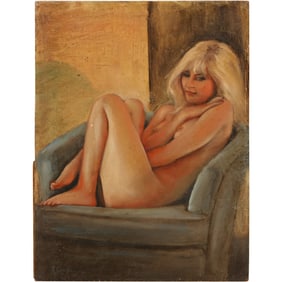 Artist Signed Illegible, Oil Painting Nude Crouched in Chair titled "Secrets That Burn"