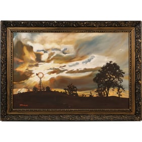 Signed R talbot, Oil on Canvas Painting, Wind Power Mill at Sunset Landscape