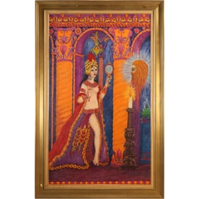 Large Oil on Canvas Painting Semi-Nude Gypsy Princess , Framed