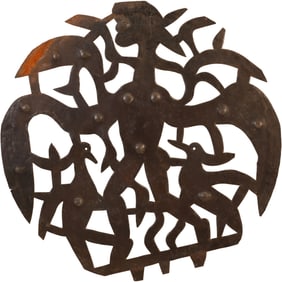 Joseph Louis Juste, Signed Haitian Folk Art Iron Cut -out Sculpture Figure and Birds
