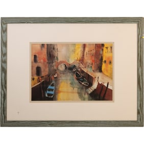 Artist Signed Illegible, Watercolor Painting Venetian Canal Scene, Framed