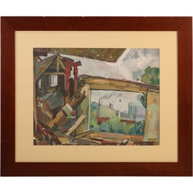 Karl Sherman, Gouache Painting, Backyard Scene, Signed, Framed