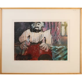 Artist Signed Gouache Painting of an Abstract Bearded Man, Framed