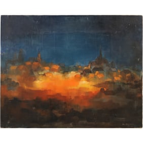 Iran Darroudi (1936 - 2021) Iran, IMPORTANT OIL PAINTING Sunset Village, Signed, Dated 1966