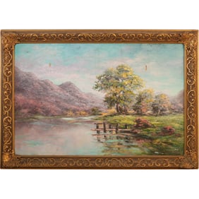 Artist Signed Vintage Oil on Canvas Painting  Mountainous River Landscape, Framed