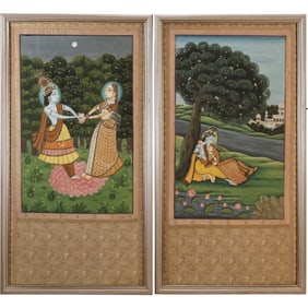 2 Persian Oil Paintings, Women in a Garden Setting 23 in. x 42 in.