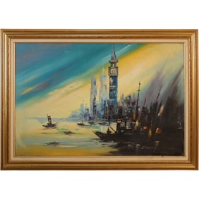 Signed Dumont, Oil on Board Painting, London Landscape with Big Ben Clock Tower, Framed