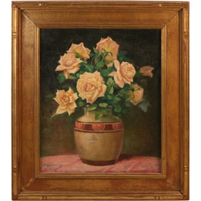 Adrian M de Grant . March 27, 1937 Oil on Canvas Painting Still Life Flowers in Vase