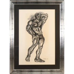 Signed Sibberns, Charcoal Drawing, Muscle Building Man