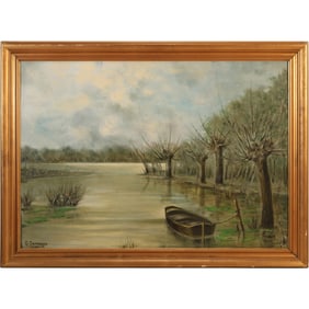G Damaggio 1965, Oil on Canvas Painting, Boat on a Lake Inlet